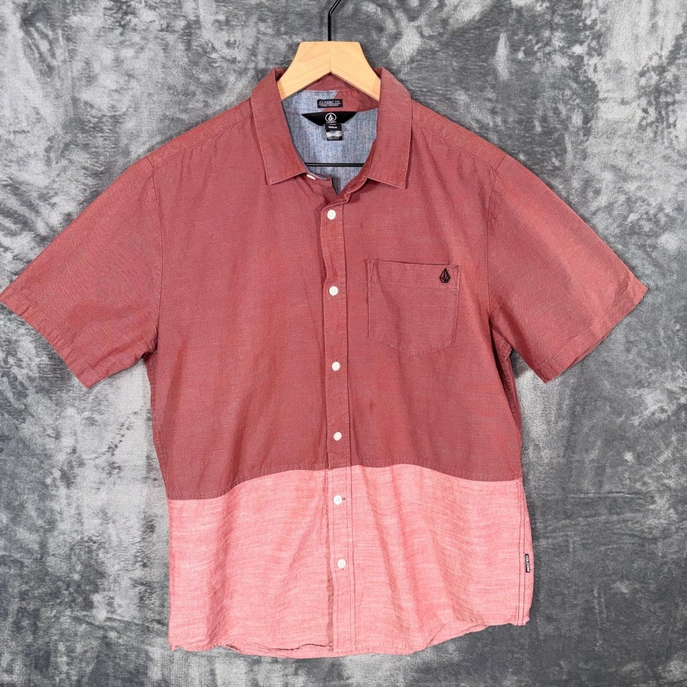 Volcom‎ Mens Short Sleeve Button Up Shirt Size M Two Tone Colorblock Classic Fit